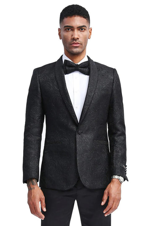 Mens Black Sport Coat - Men's Slim Fit Tonal Paisley Prom Dinner Jacket In Black