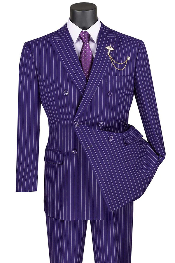 Rockefeller Collection - Double Breasted Stripe Suit Purple Regular Fit 2 Piece With Flexible Elastic Waistband