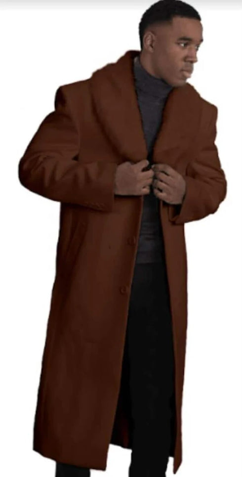 Mens Overcoat with Fur Collar - Single Breasted Dark Brown Topcoat