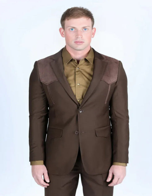 Men's Dark Brown Western Suit Sport Coat with Suede Yokes and Elbow Patches