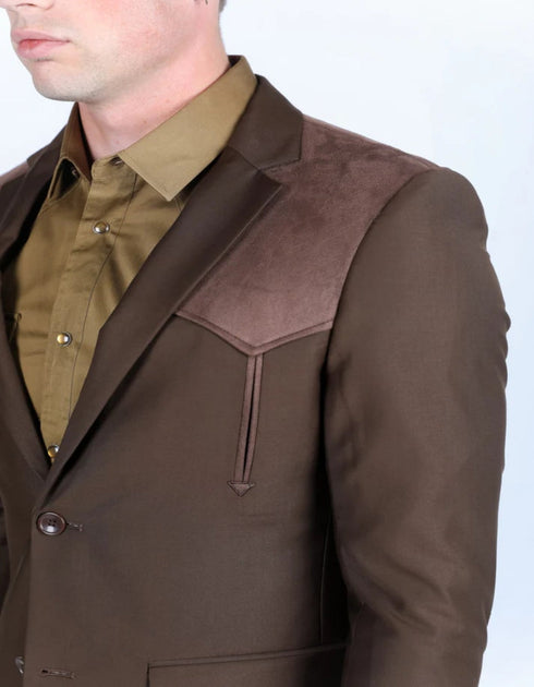 Men's Dark Brown Western Suit Sport Coat with Suede Yokes and Elbow Patches