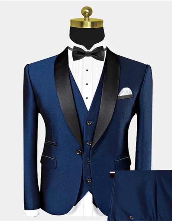 Popular Dark Navy Blue Suits for Groom Black Satin Shawl Lapel Wedding Tuxedo for Groomsmen - Urban