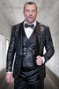 Men's black paisley lace print vested tuxedo for prom & wedding with satin lapel and bowtie