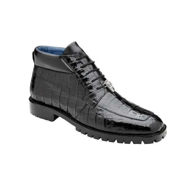 Belvedere Gallardo Men's Shoes Black Exotic Caiman Crocodile Derby Split-toe Boots