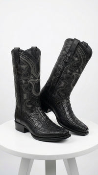 Men’s Black Caiman Crocodile and Deer Leather European Toe Boots, LAB-76F0105 Western Dress Boots