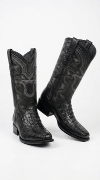 Men’s Black Caiman Crocodile and Deer Leather European Toe Boots, LAB-76F0105 Western Dress Boots