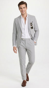 Men’s Navy Seersucker 2 Piece Summer Suit, Modern Fit Lightweight Wedding Dress Suit