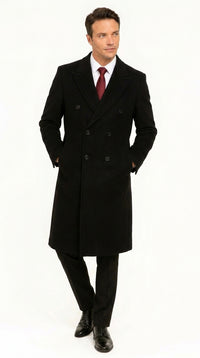Men’s Black Full Length Double Breasted Wool Overcoat, Formal Winter Topcoat