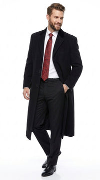 Men’s Black Chesterfield Overcoat, Full Length Wool and Cashmere Dress Coat