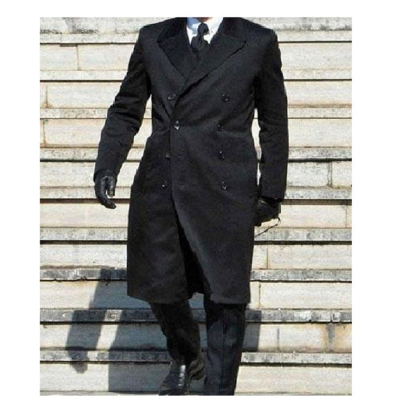 Mens Black James Bond Outfit Spectre Peak Lapel Double Breasted Bridge Long Coat