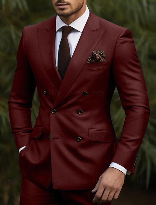 Double Breasted Slim Fit Suit - Burgundy Suit - Tapred Fit Pants