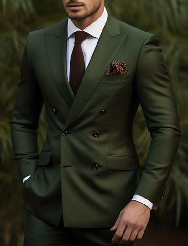 Double Breasted Slim Fit Suit - Dark Green Suit - Tapred Fit Pants