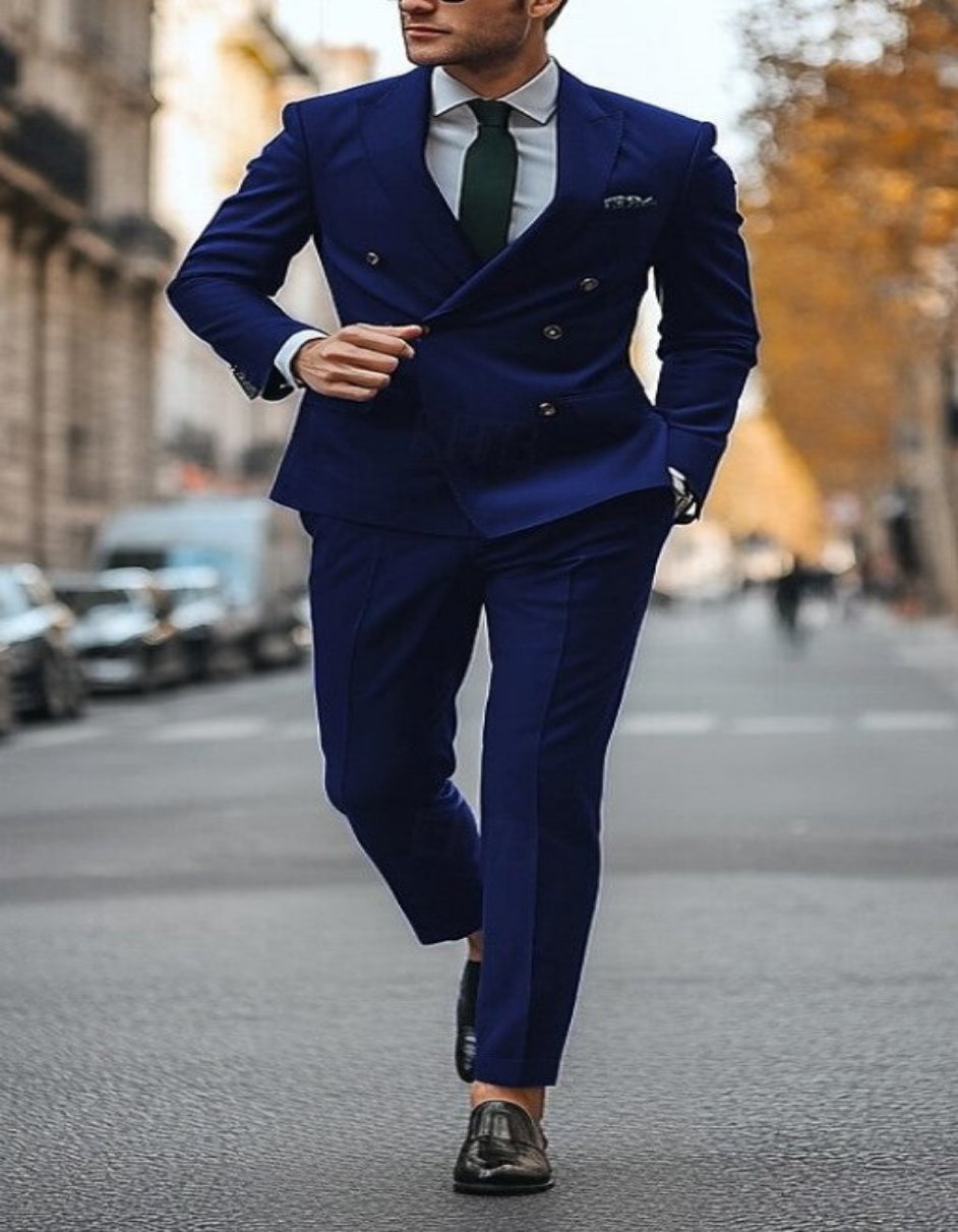 Slim Fit Double Breasted Suit Gold Buttons - Blue Suit - Designer Wool OvercoatUSA Slim Fit Double Breasted Suit Gold Buttons - Blue Suit - Designer Wool OvercoatUSA