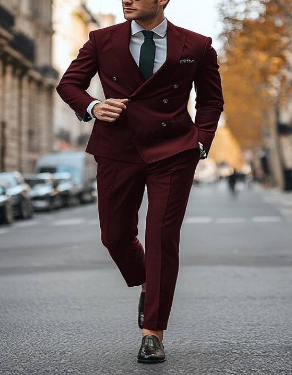 Slim Fit Double Breasted Suit Gold Buttons - Burgundy Suit