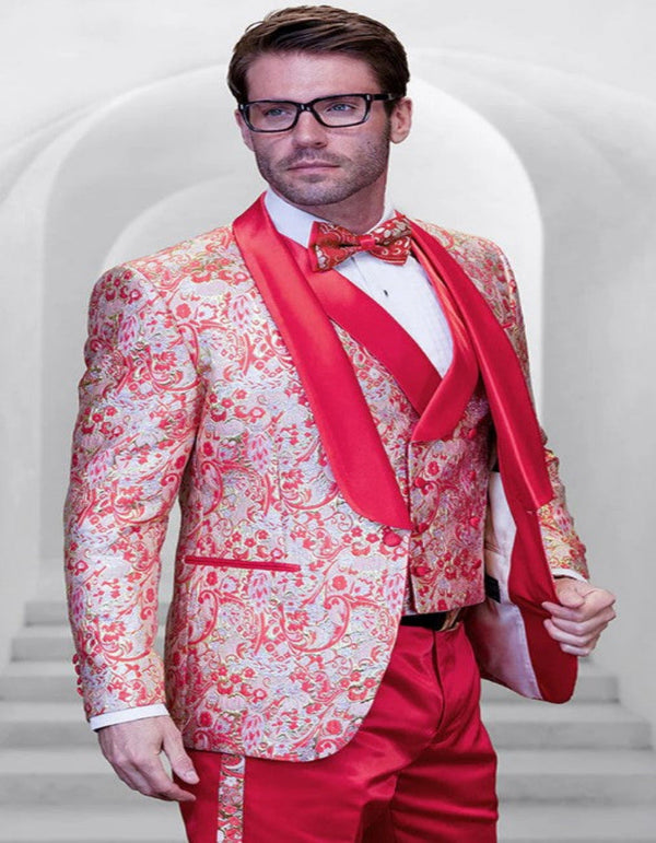 Men's One Button Paisley Wedding Tuxedo with Double Breasted Vest in Coral Orange