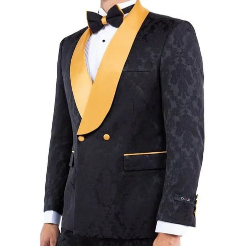 New Double-Breasted Skinny Fit Tuxedo By Tazio, Paisley Black & Gold