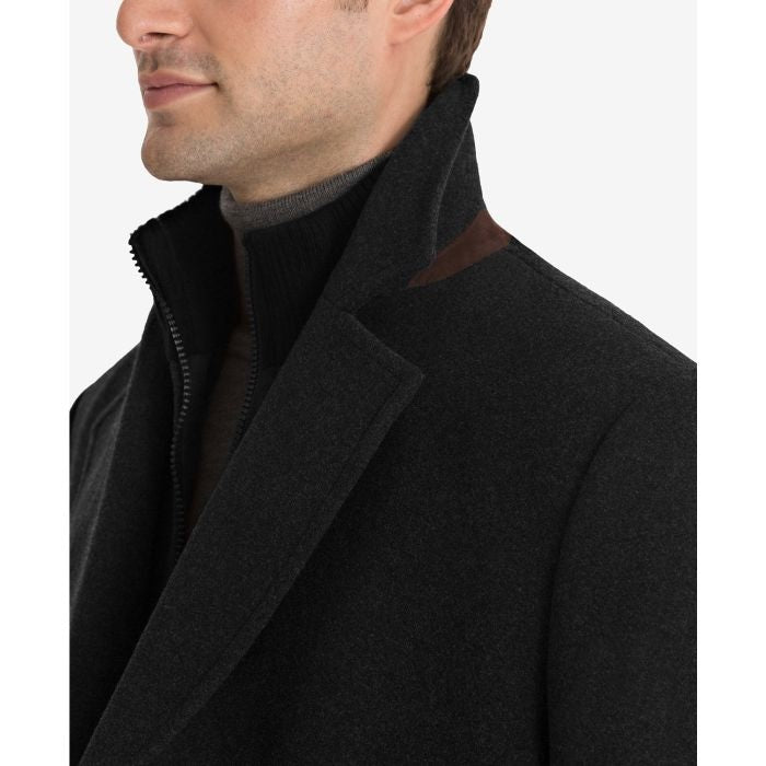 Inset Plack Double-Breasted Wool-Blend Peacoat with Knit Bib Inset black overcoat ...