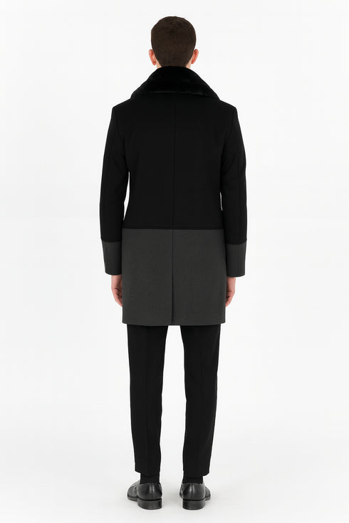 Men’s Double-Breasted Wool Overcoat with Faux Fur Shawl Collar – Classic Winter Dress Coat in Half Black and Charcoal