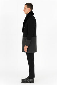 Men’s Double-Breasted Wool Overcoat with Faux Fur Shawl Collar – Classic Winter Dress Coat in Half Black and Charcoal