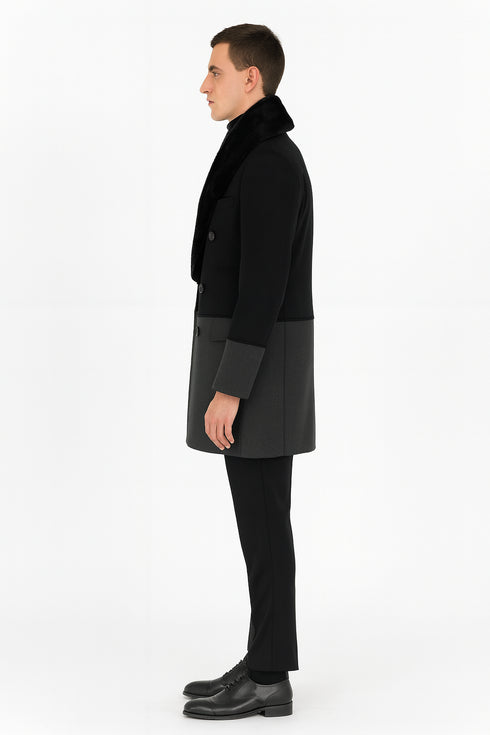 Men’s Double-Breasted Wool Overcoat with Faux Fur Shawl Collar – Classic Winter Dress Coat in Half Black and Charcoal