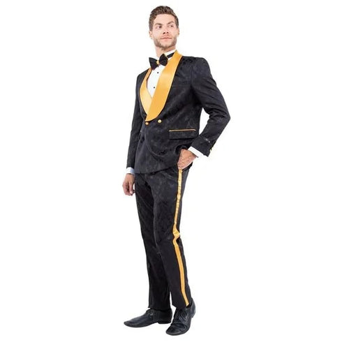 New Double-Breasted Skinny Fit Tuxedo By Tazio, Paisley Black & Gold