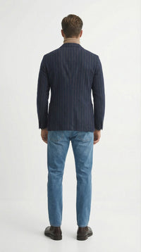 Men’s Double Breasted Navy Blue Pinstripe Blazer – Stripe Sport Coat Jacket