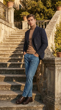 Men’s Double Breasted Navy Blue Pinstripe Blazer – Stripe Sport Coat Jacket