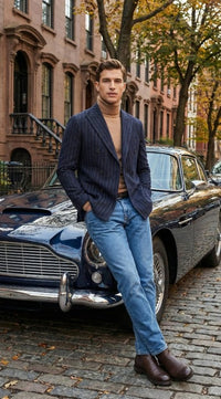 Men’s Double Breasted Navy Blue Pinstripe Blazer – Stripe Sport Coat Jacket