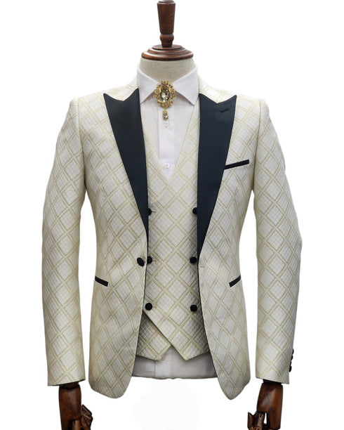 Ivory Tuxedo - Cream Wedding Suit  - Off White Groom Peak Lapel  Suit