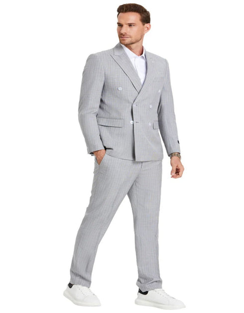 Light Grey Suit - Silver Gray Suit For Wedding - Men's Slim Fit Double Breasted Summer Pastel Light Grey Pinstripe Suit