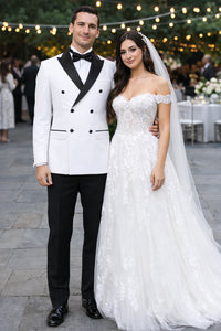 Double Breasted Slim Fit Tuxedo White with Black Satin Peak Lapel