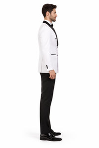 Double Breasted Slim Fit Tuxedo White with Black Satin Peak Lapel