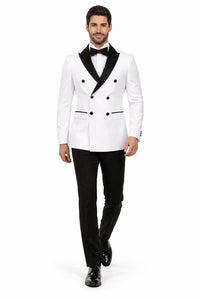 Double Breasted Slim Fit Tuxedo White with Black Satin Peak Lapel