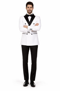 Double Breasted Slim Fit Tuxedo White with Black Satin Peak Lapel