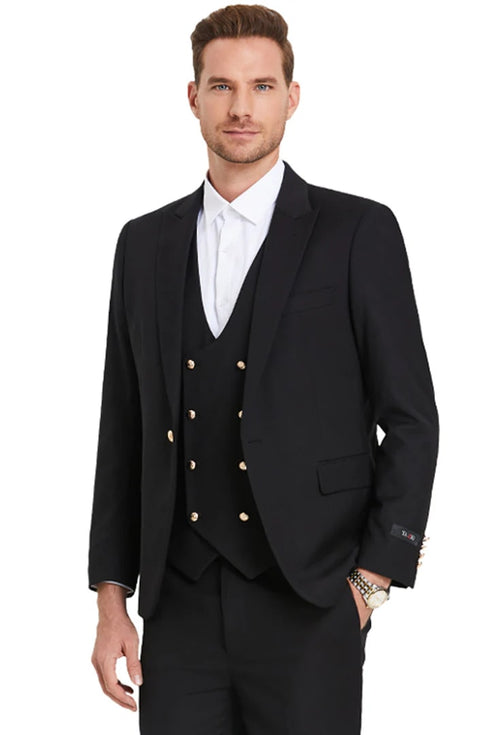 Men's One Button Peak Lapel Vested Suit With Gold Buttons In Black