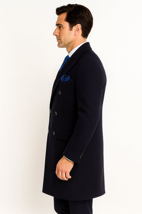 Navy Blue Overcoat - Blue Winter Topcoat - Fabric Double Breasted