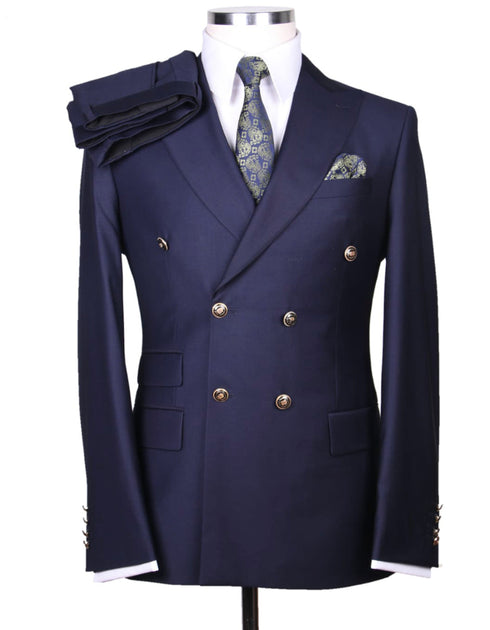 Designer Mens Double Breasted Gold Button Suit in Navy