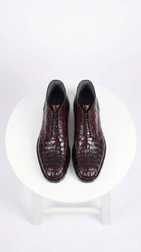 Los Altos Men’s Black Cherry Caiman Belly Boots, Lug Sole Exotic Lace-Up Ankle Boots
