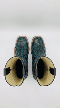 Men’s Rustic Turquoise Pirarucu Exotic Leather Cowboy Boots – Western Square Toe Fish Boots