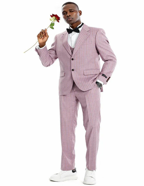 Men's Two Button Vested Wide Notch Lapel Vintage Style Dusty Rose Pink Pinstripe Pattern Pinstripe Suit