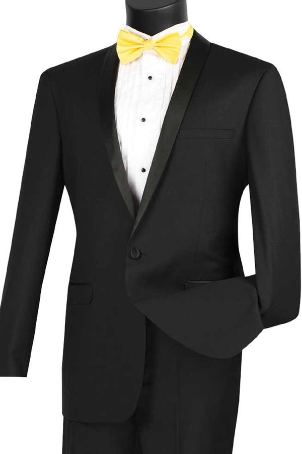 Mens Slim Fit One Button Shawl Tuxedo in Black