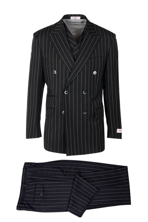 Tiglio Italian Suit - Real Wool Fabric Super 150's EST Pinstripe, Wide Leg Suit & Vest in Color Black