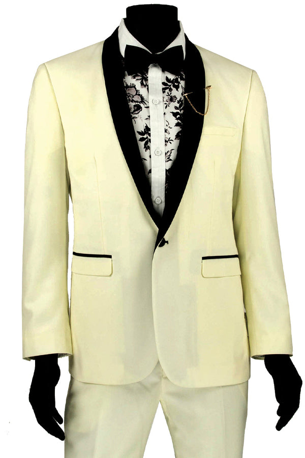 Mens Slim Fit One Button Shawl Tuxedo in Ivory