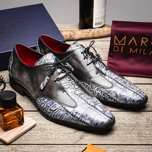 Marco Di Milano Anzio Exotic Alligator & Calfskin Leather Newspaper & Gray Oxfords