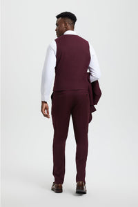 Men's Vested One Button Peak Lapel Stacy Adams Designer Suit in Burgundy