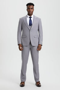 Men's Vested One Button Peak Lapel Stacy Adams Designer Suit in Light Grey