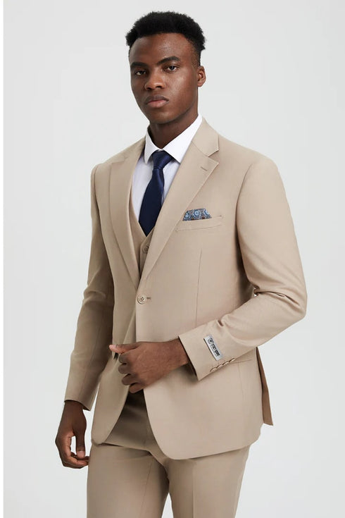 Men's Two Button Vested Stacy Adams Basic Designer Suit in Tan