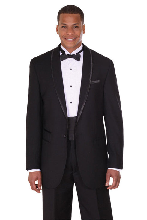 Mens 1 Button Stain Trim Shawl Tuxedo in Black