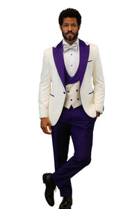 Hilton White and Purple Paisley Peak Lapel Tuxedo Jacket with Matching Shawl Vest and Wool Pants – Includes Bow Tie