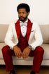 Hilton White and Red Paisley Peak Lapel Tuxedo Jacket with Matching Shawl Vest and Wool Pants – Includes Bow Tie